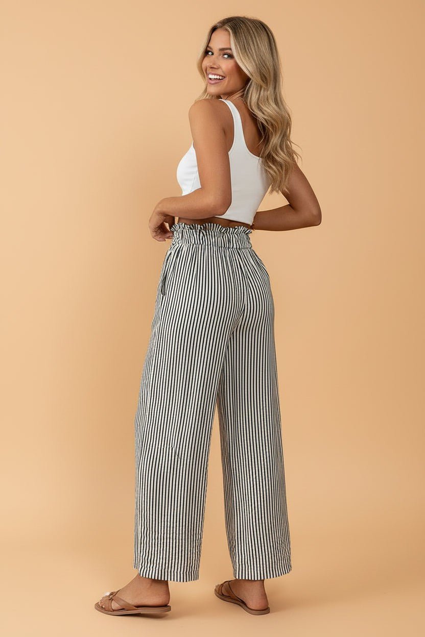 Stripe Tied High Waist Straight Leg Pants - Rooted & Reckless Co.