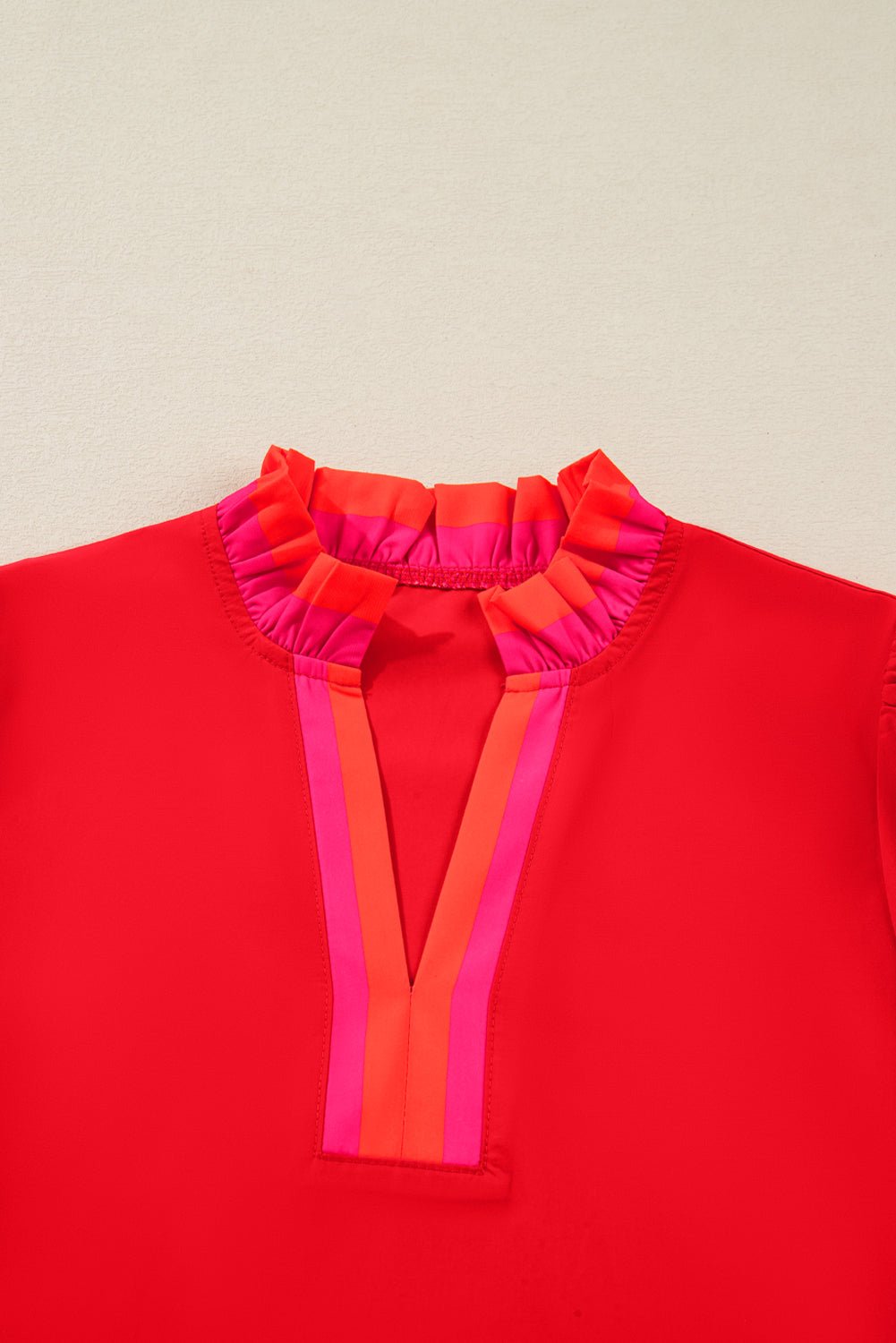 Stripe Trim Ruffle Split Neck Long Sleeve Blouse - Rooted & Reckless Co.