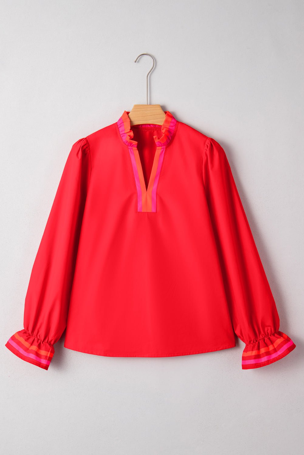 Stripe Trim Ruffle Split Neck Long Sleeve Blouse - Rooted & Reckless Co.