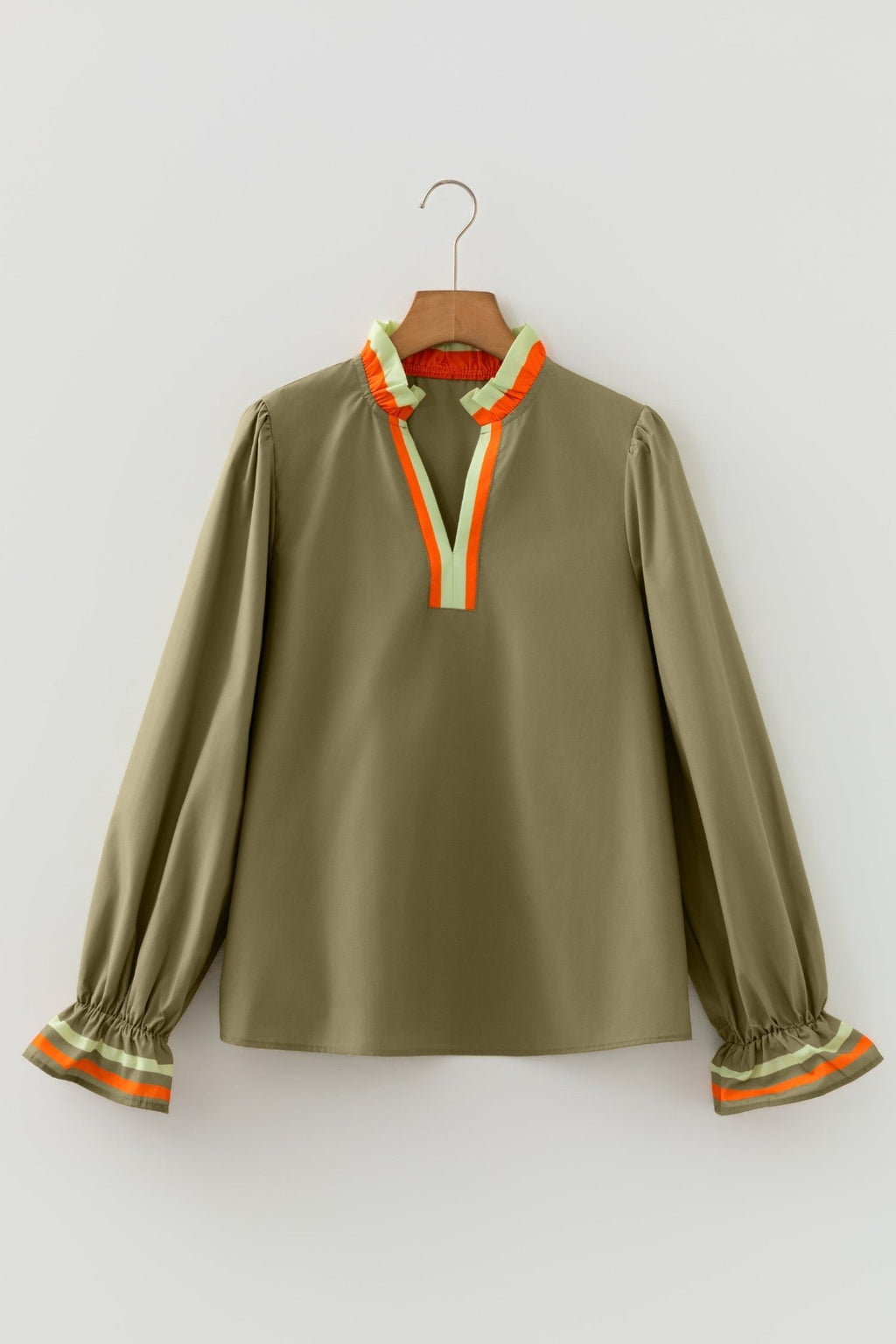 Stripe Trim Ruffle Split Neck Long Sleeve Blouse - Rooted & Reckless Co.