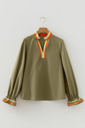 Stripe Trim Ruffle Split Neck Long Sleeve Blouse - Rooted & Reckless Co.