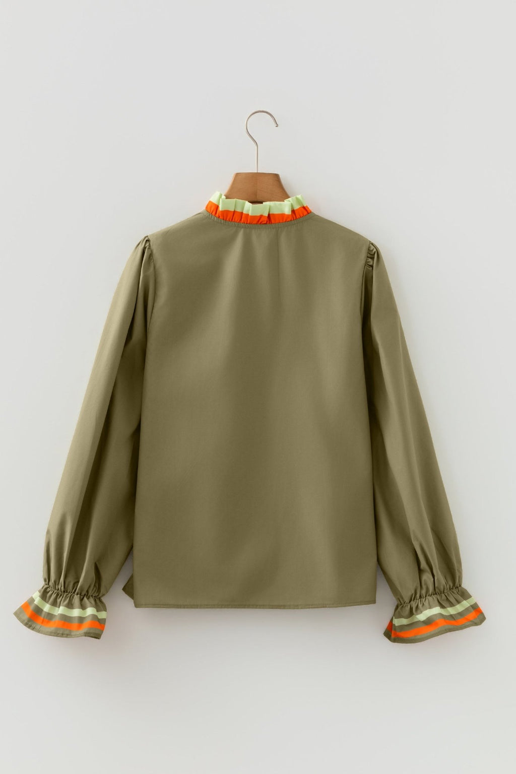 Stripe Trim Ruffle Split Neck Long Sleeve Blouse - Rooted & Reckless Co.