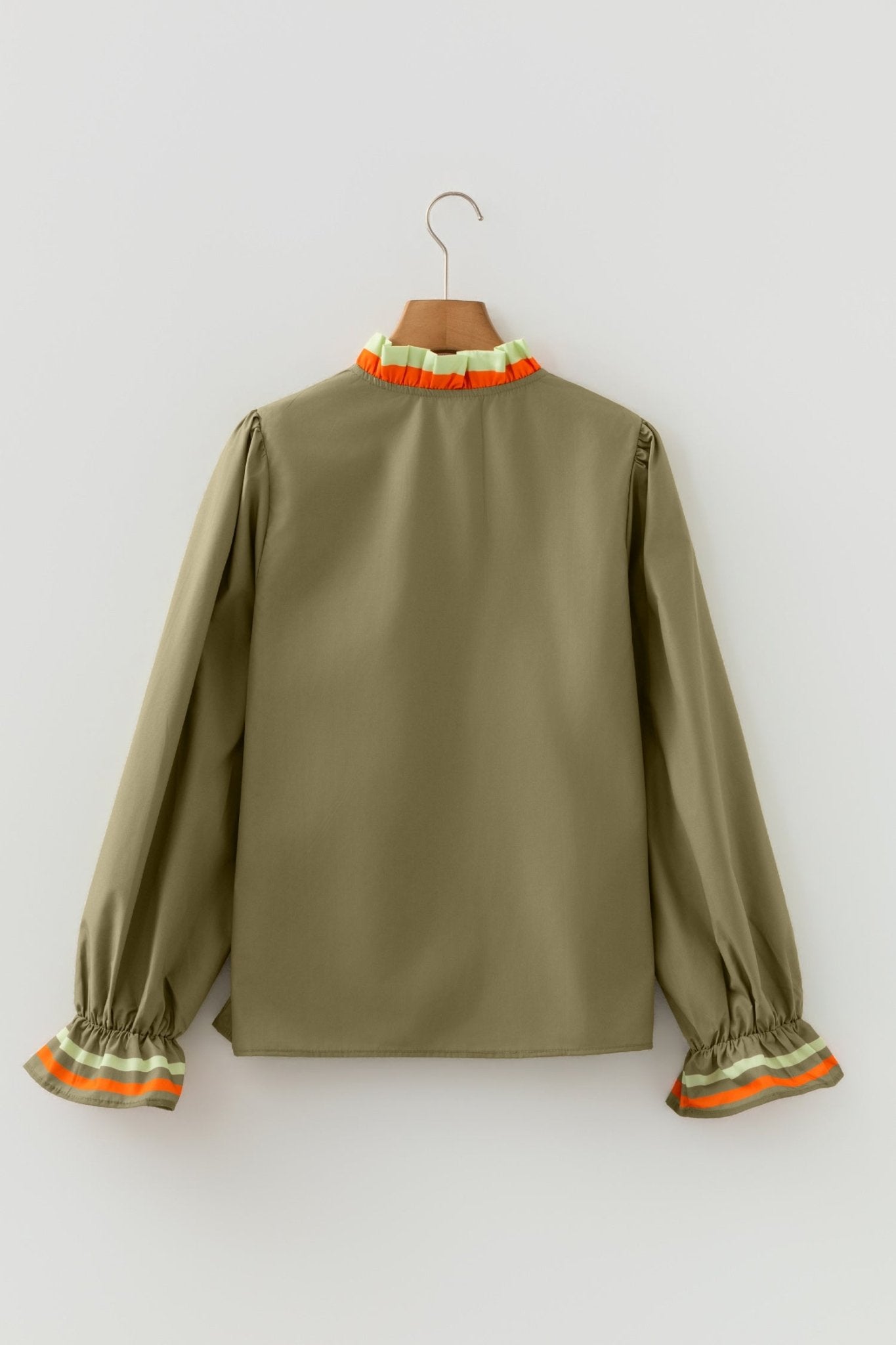 Stripe Trim Ruffle Split Neck Long Sleeve Blouse - Rooted & Reckless Co.