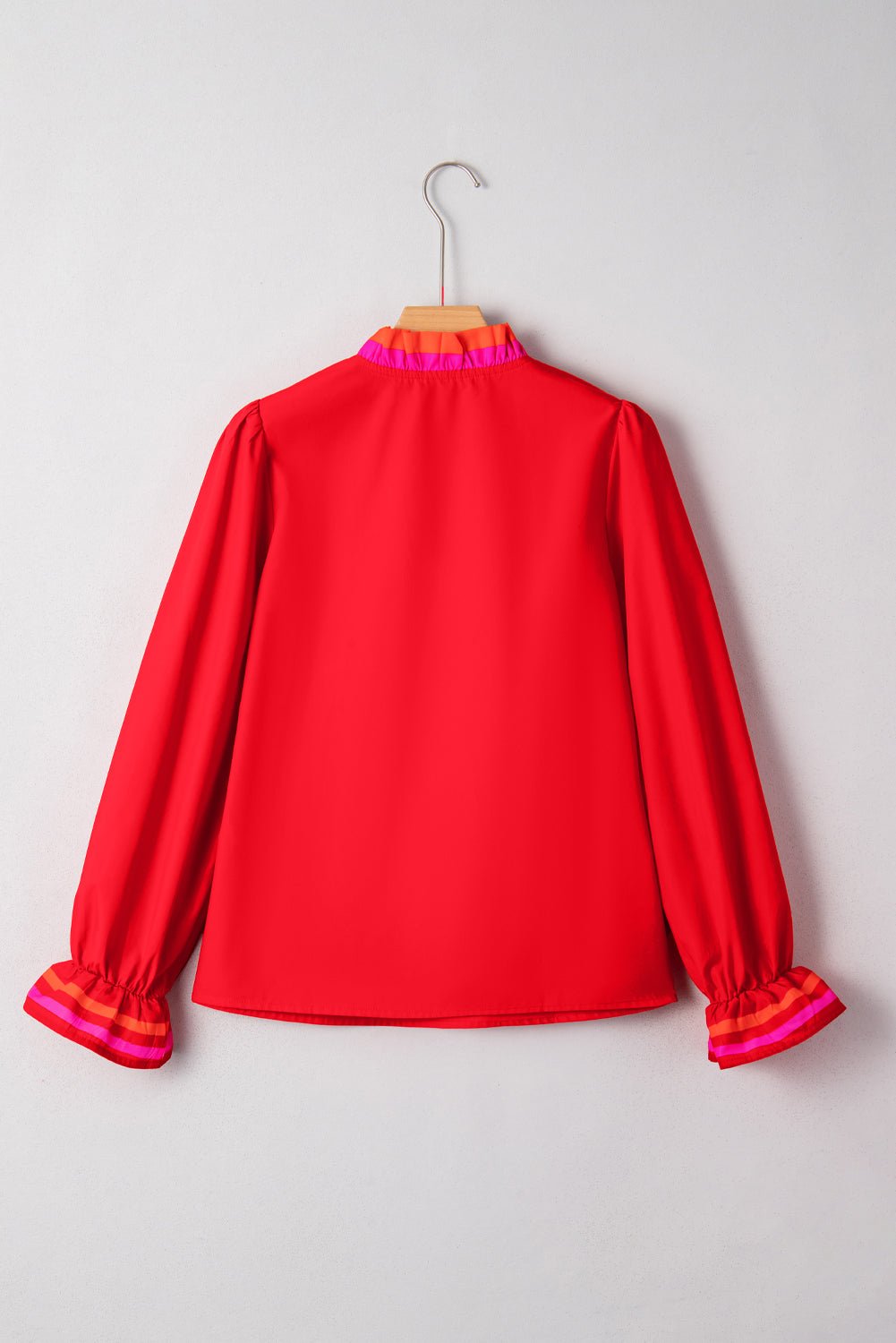 Stripe Trim Ruffle Split Neck Long Sleeve Blouse - Rooted & Reckless Co.