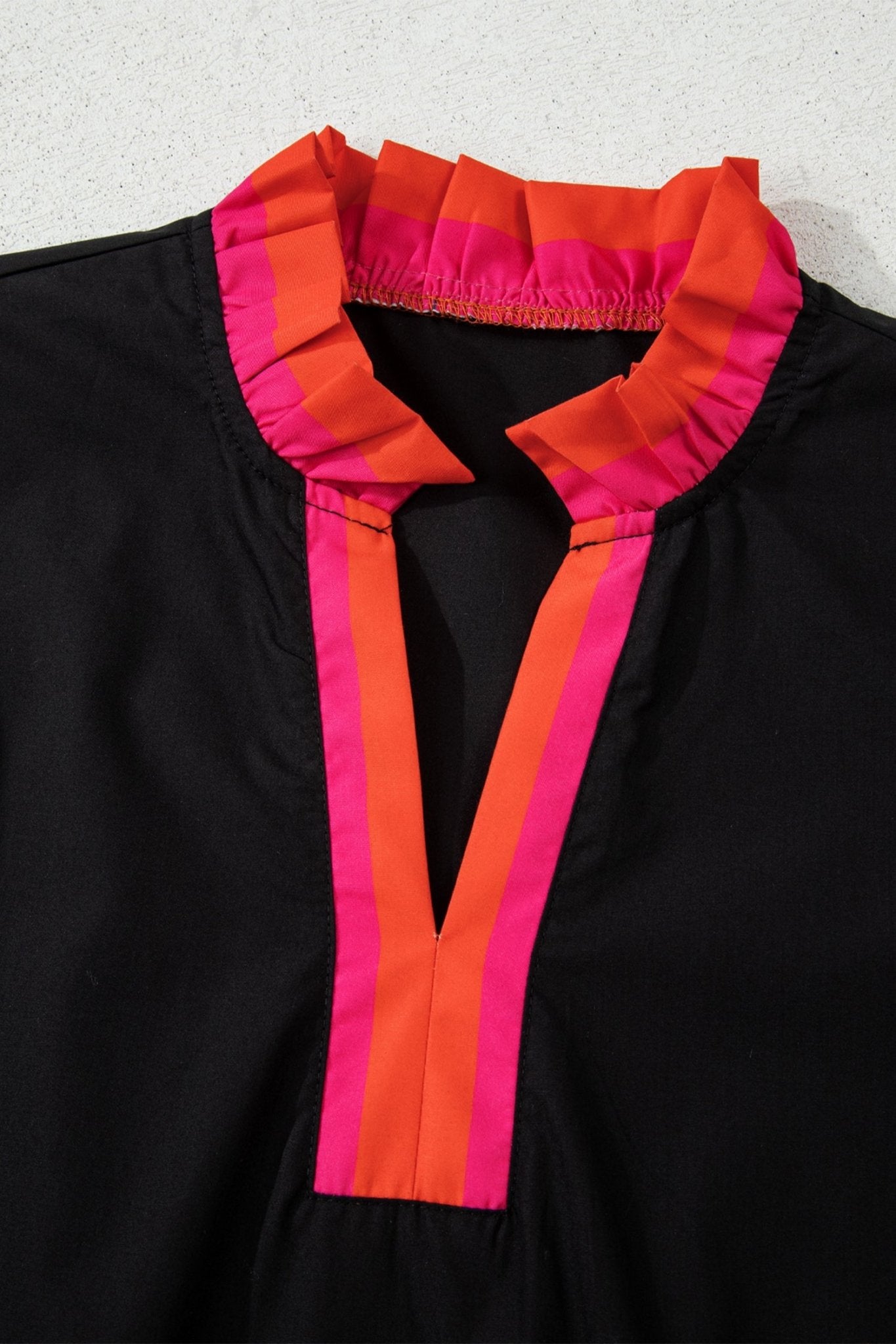 Stripe Trim Ruffle Split Neck Long Sleeve Blouse - Rooted & Reckless Co.