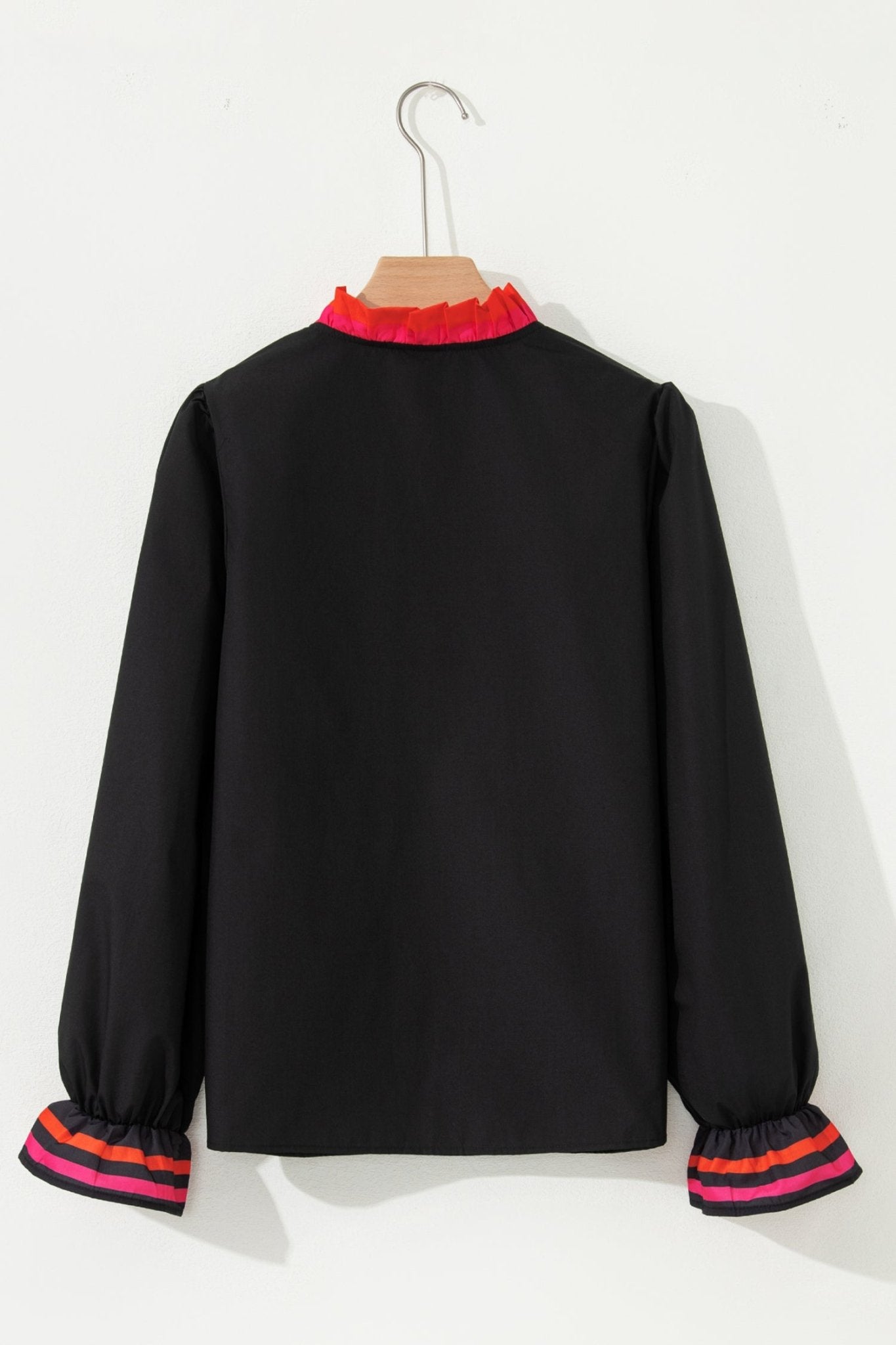 Stripe Trim Ruffle Split Neck Long Sleeve Blouse - Rooted & Reckless Co.