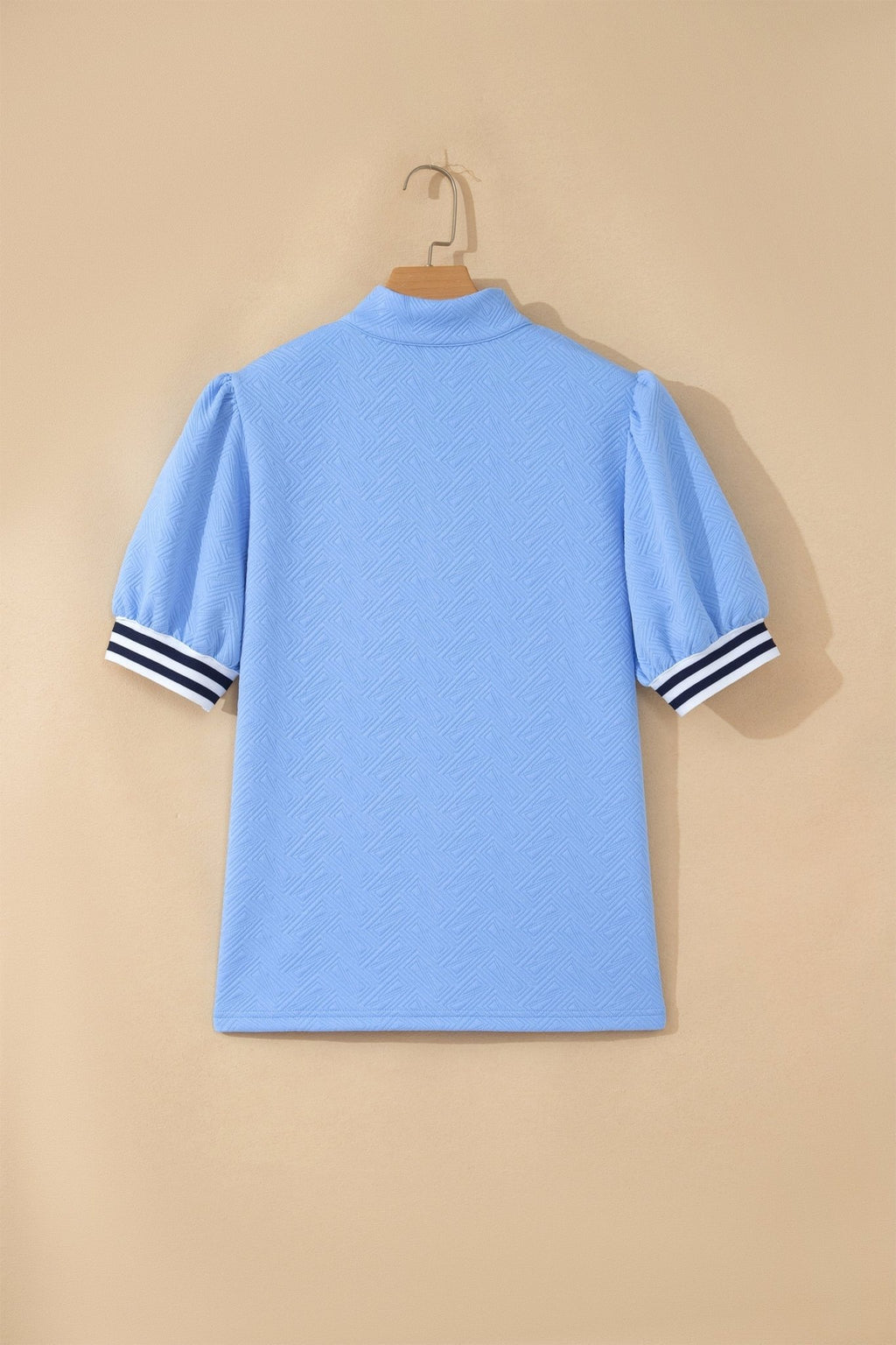Stripe Trim Split Neck Puff Sleeve Textured Top - Rooted & Reckless Co.