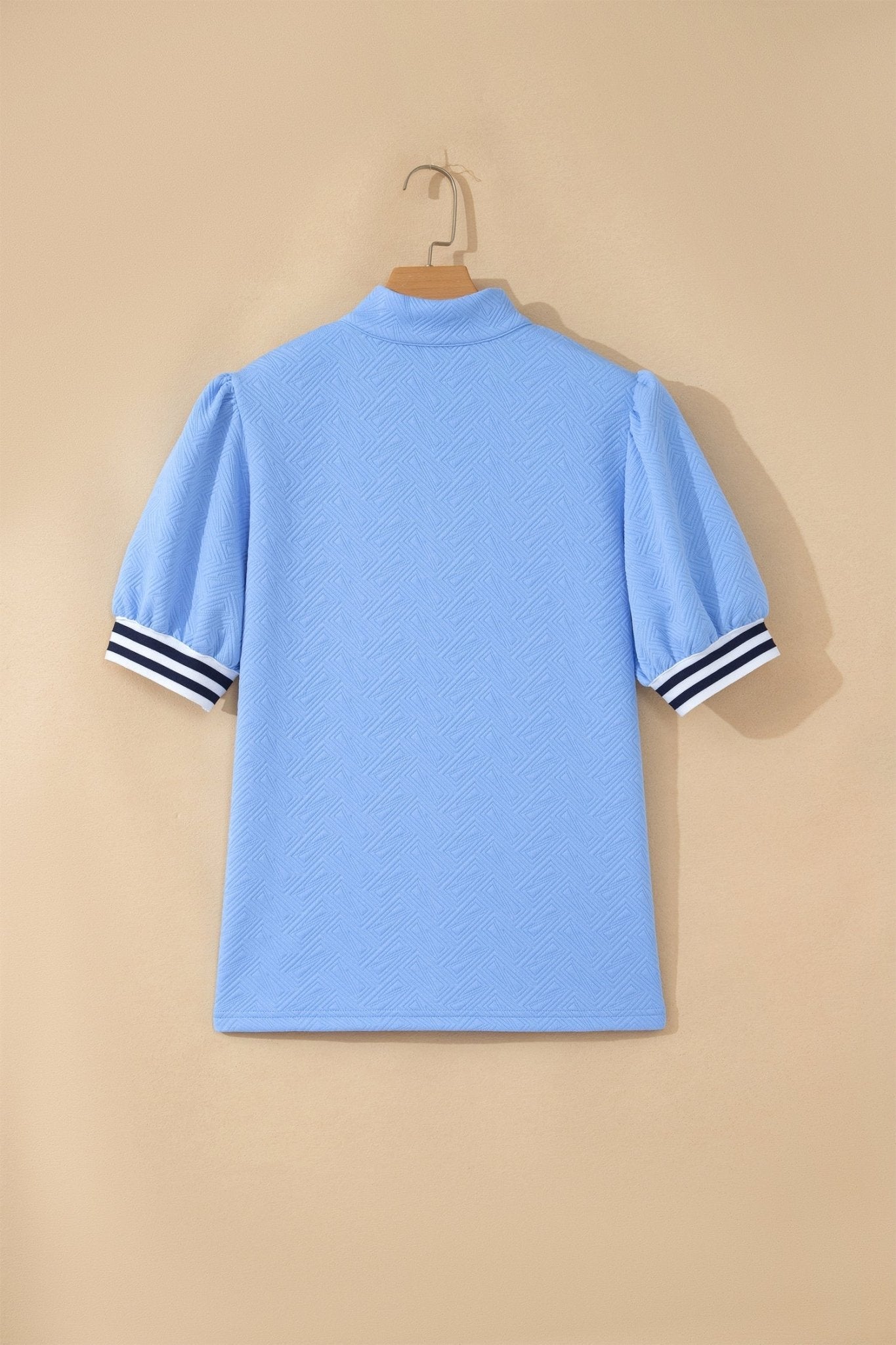 Stripe Trim Split Neck Puff Sleeve Textured Top - Rooted & Reckless Co.
