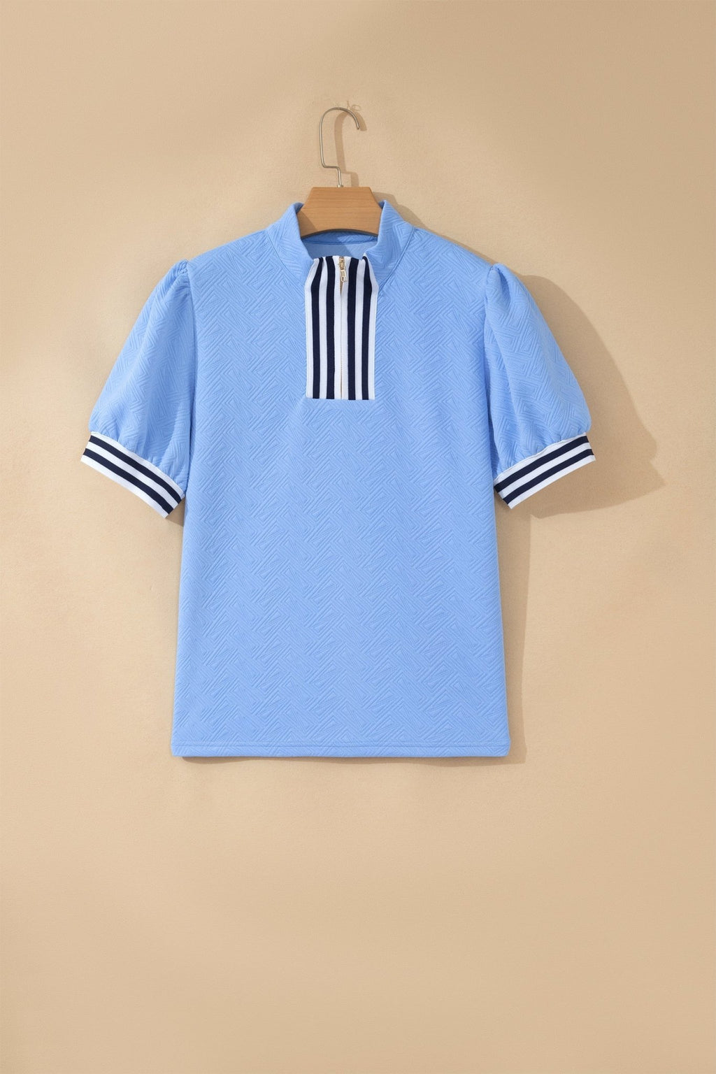 Stripe Trim Split Neck Puff Sleeve Textured Top - Rooted & Reckless Co.