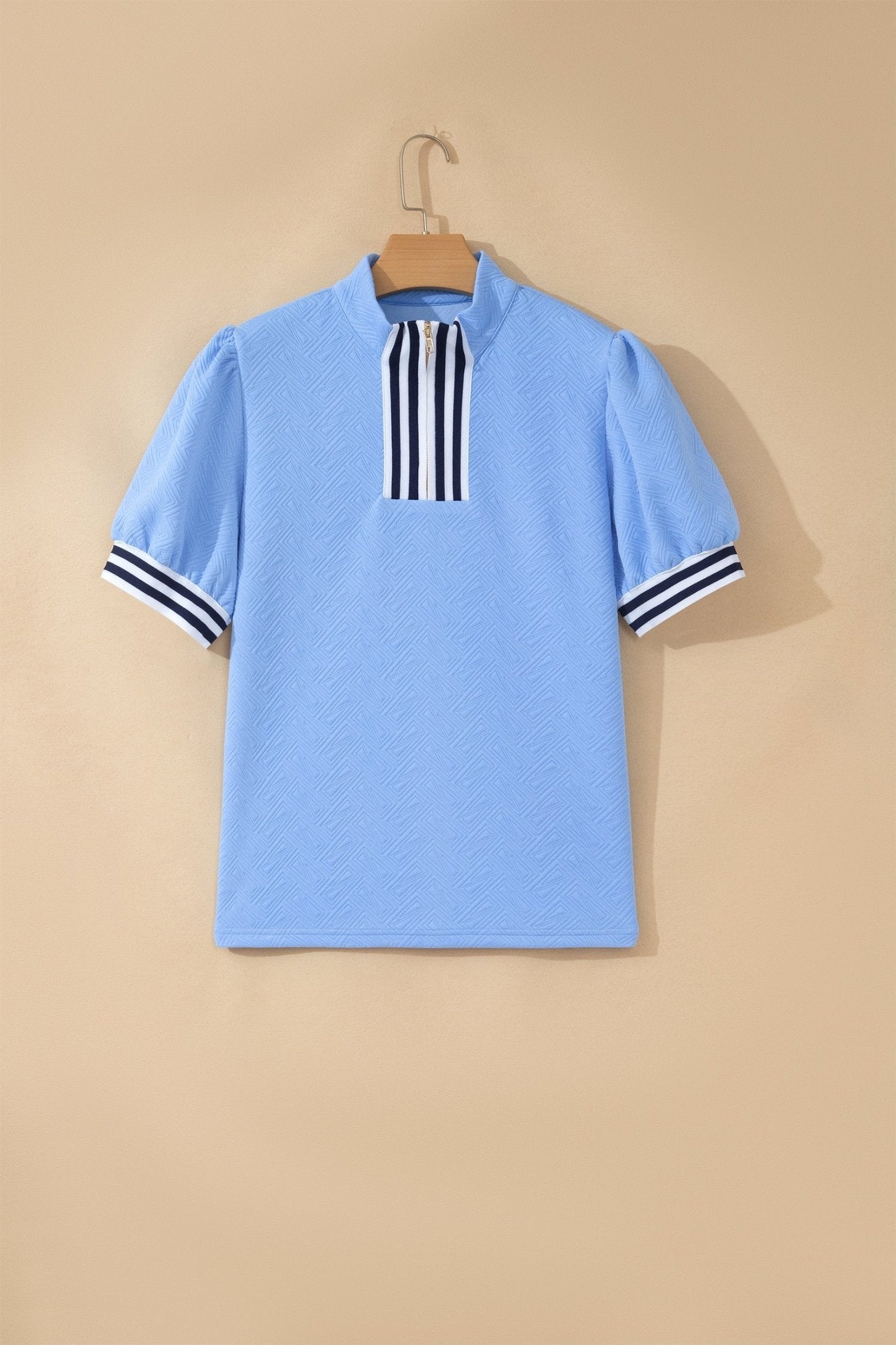 Stripe Trim Split Neck Puff Sleeve Textured Top - Rooted & Reckless Co.