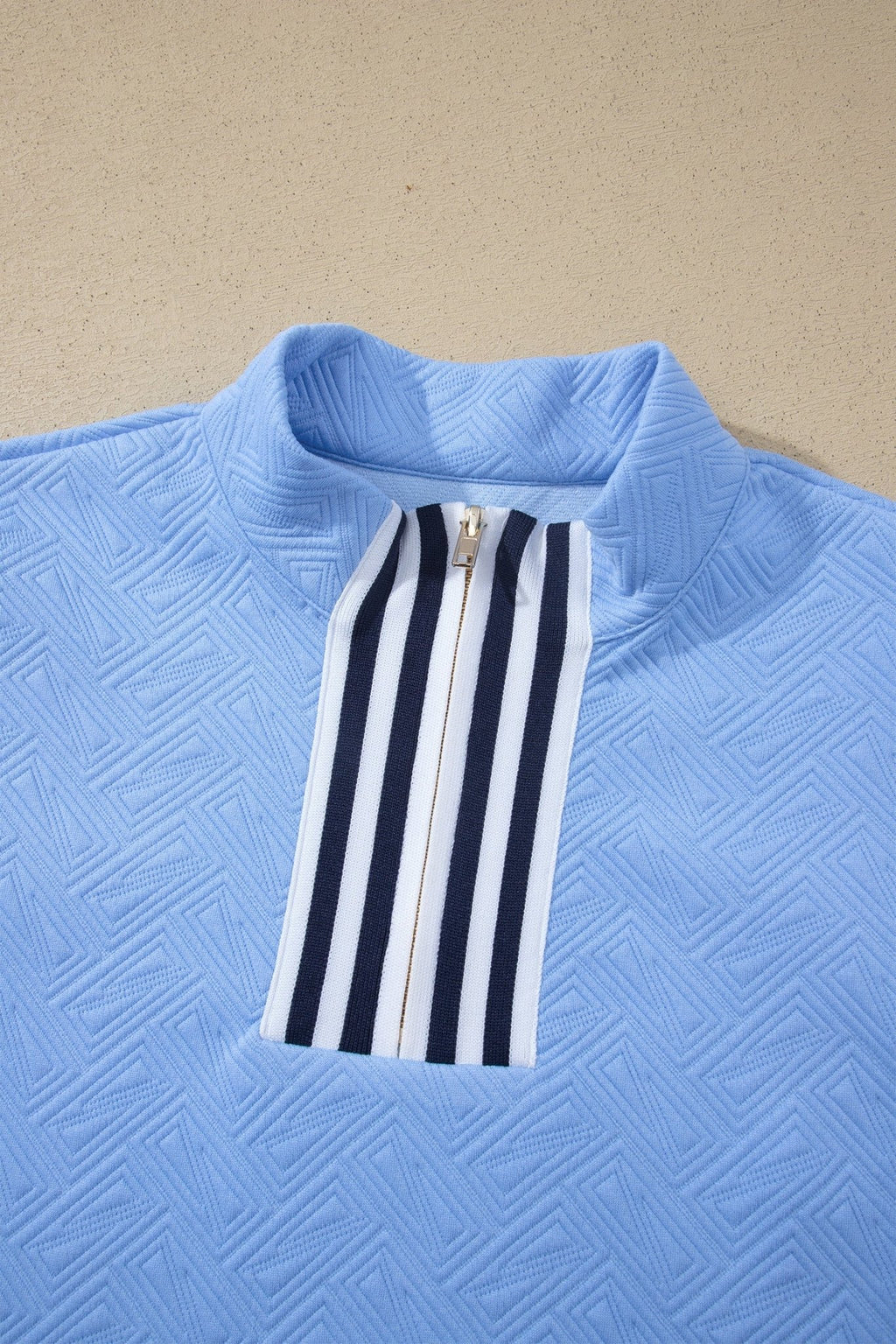 Stripe Trim Split Neck Puff Sleeve Textured Top - Rooted & Reckless Co.