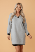 Stripe Trim V-Neck Long Sleeve Preppy T-Shirt Dress - Rooted & Reckless Co.