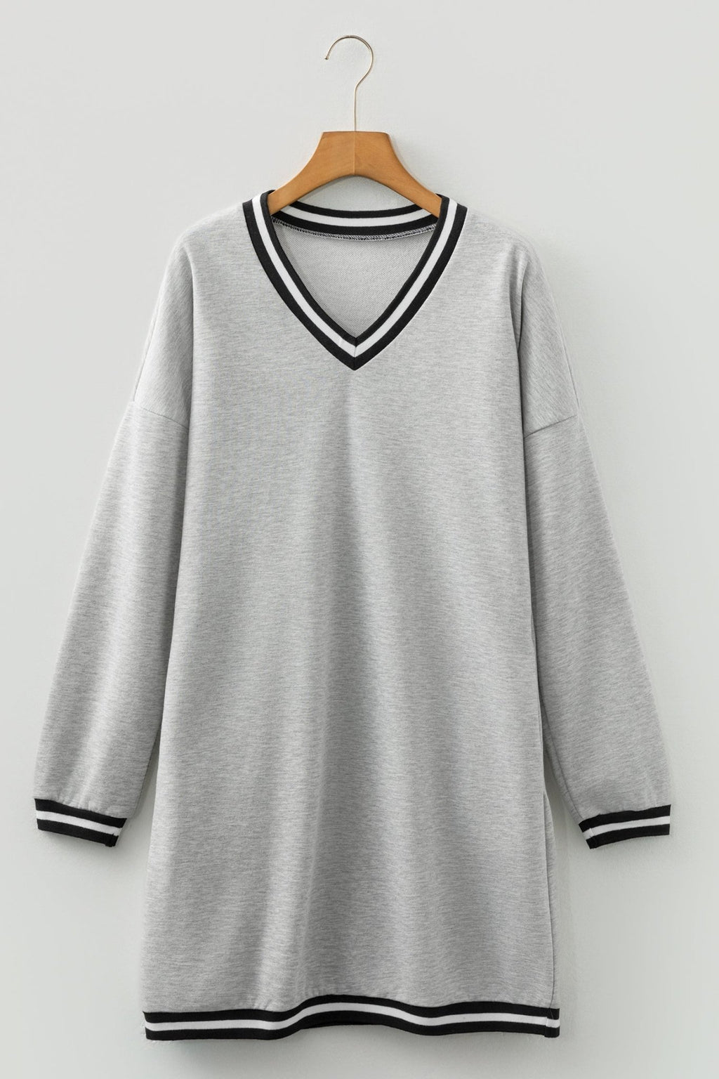 Stripe Trim V-Neck Long Sleeve Preppy T-Shirt Dress - Rooted & Reckless Co.
