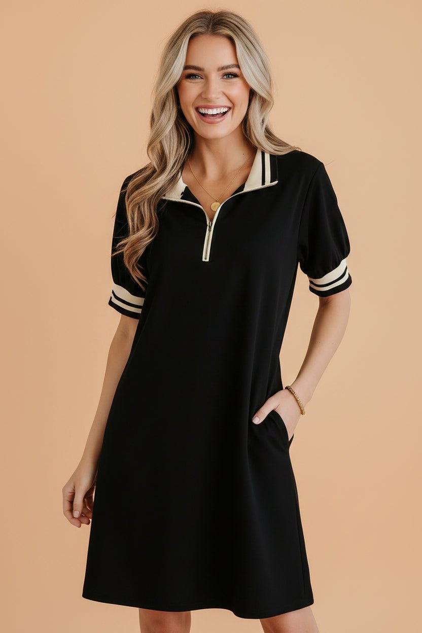 Stripe Trim Zipped Polo Collar Tee Dress - Rooted & Reckless Co.