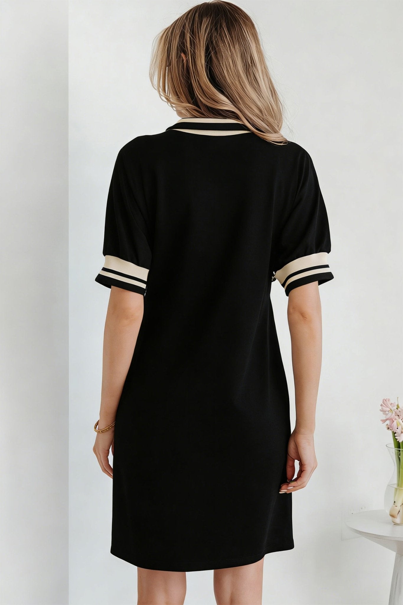 Stripe Trim Zipped Polo Collar Tee Dress - Rooted & Reckless Co.