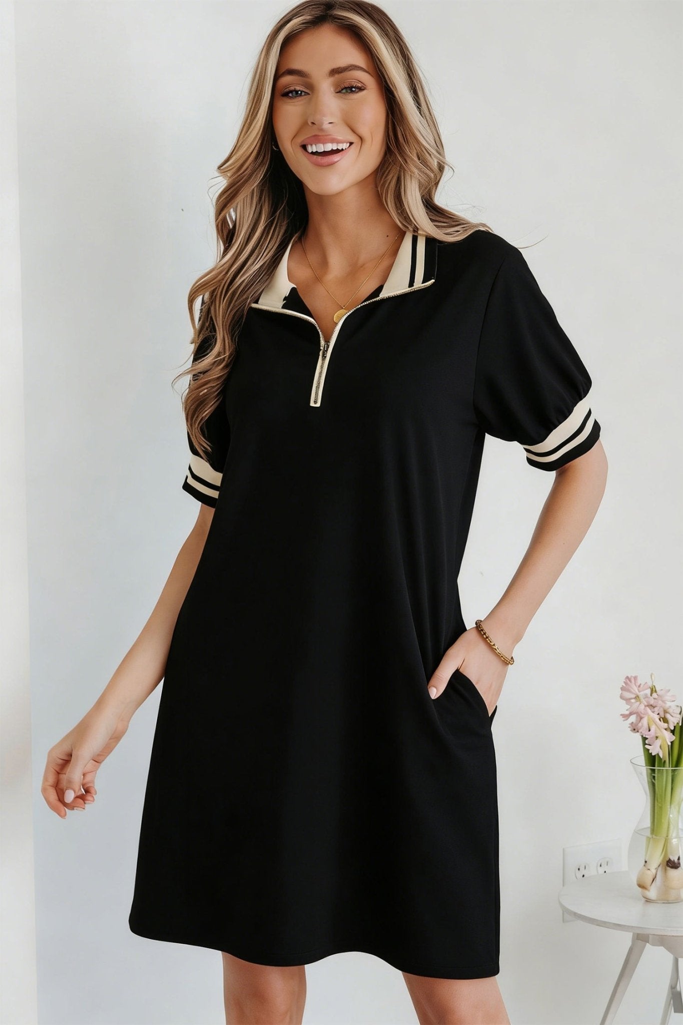 Stripe Trim Zipped Polo Collar Tee Dress - Rooted & Reckless Co.