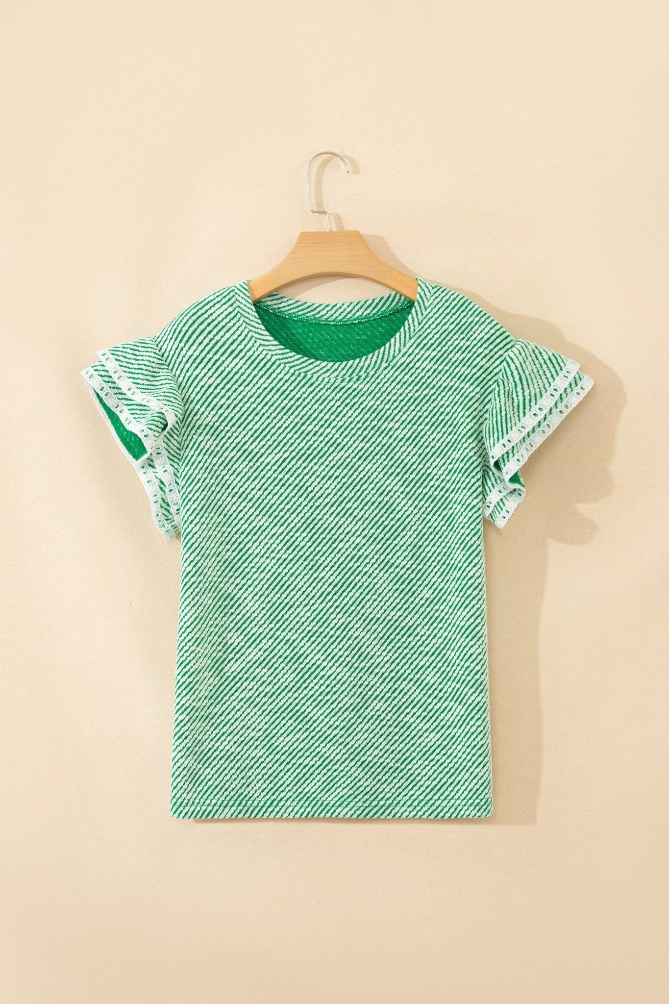 Stripe Twill Ruffle Lace Short Sleeve Blouse - Rooted & Reckless Co.