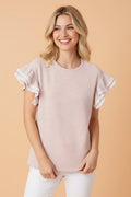 Stripe Twill Ruffle Lace Short Sleeve Blouse - Rooted & Reckless Co.