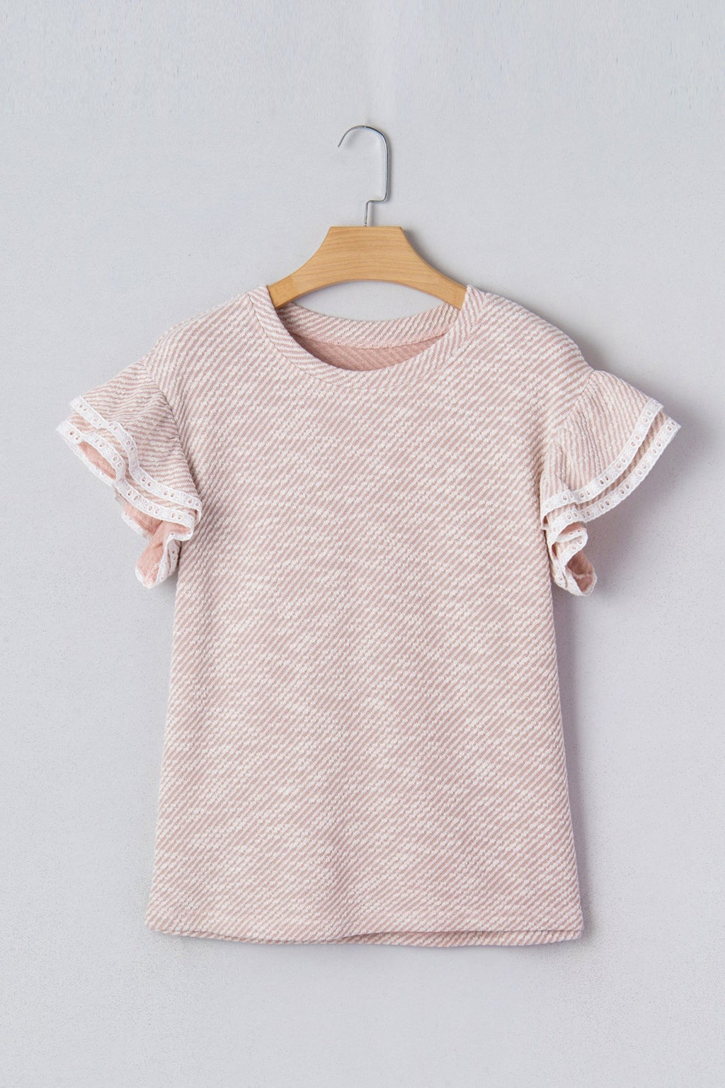 Stripe Twill Ruffle Lace Short Sleeve Blouse - Rooted & Reckless Co.
