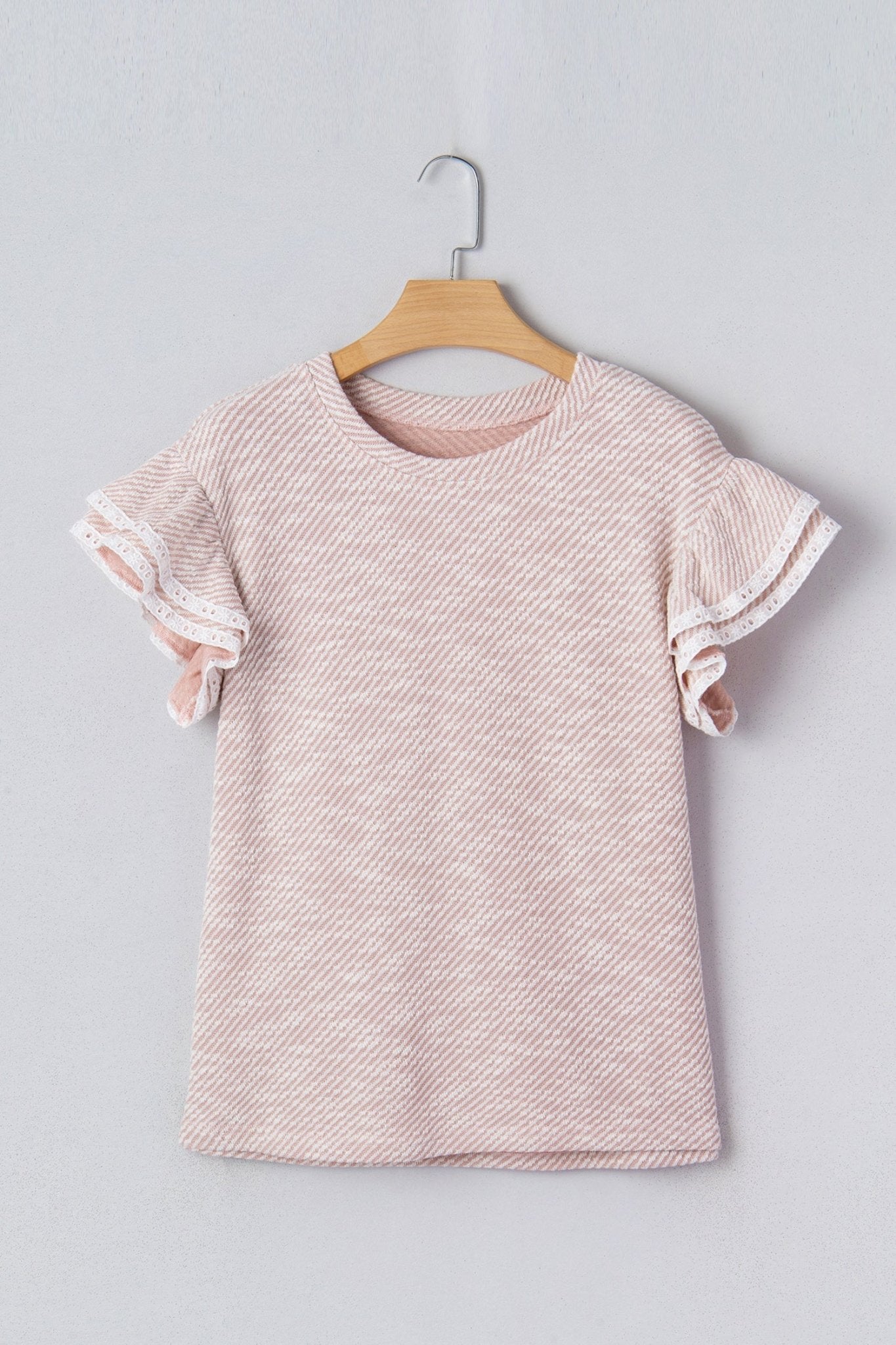 Stripe Twill Ruffle Lace Short Sleeve Blouse - Rooted & Reckless Co.