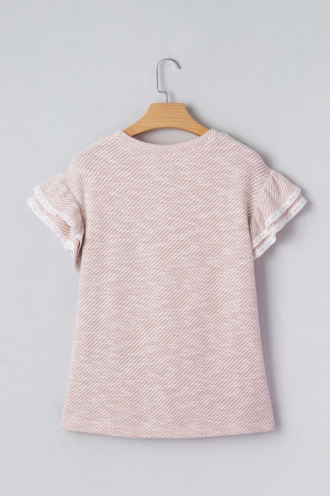 Stripe Twill Ruffle Lace Short Sleeve Blouse - Rooted & Reckless Co.