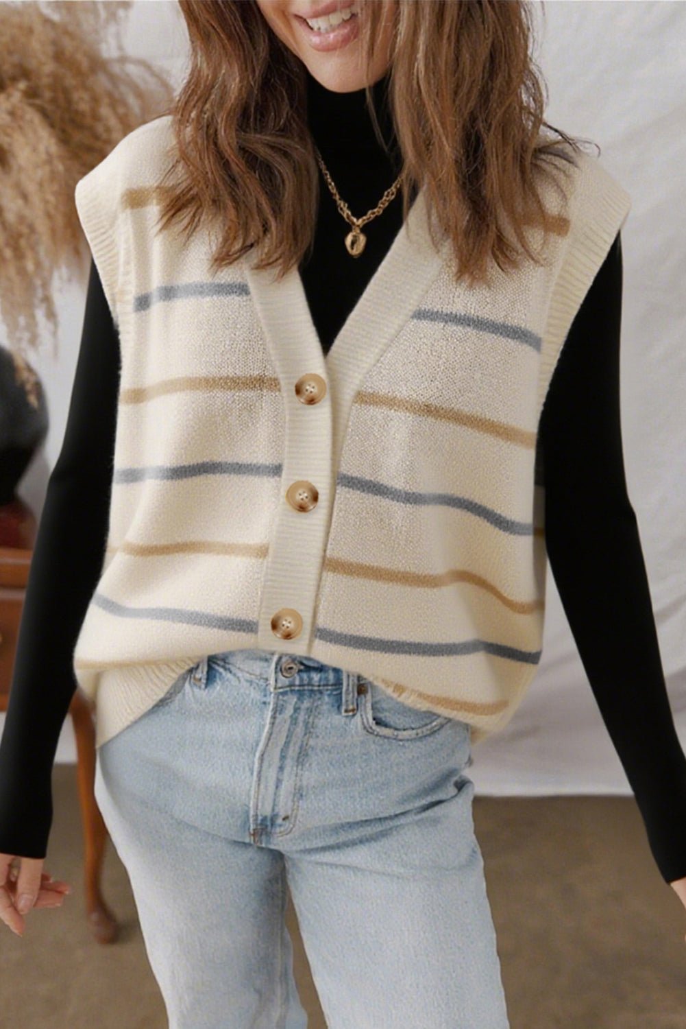 Stripe V-Neck Buttoned Sweater Vest - Rooted & Reckless Co.