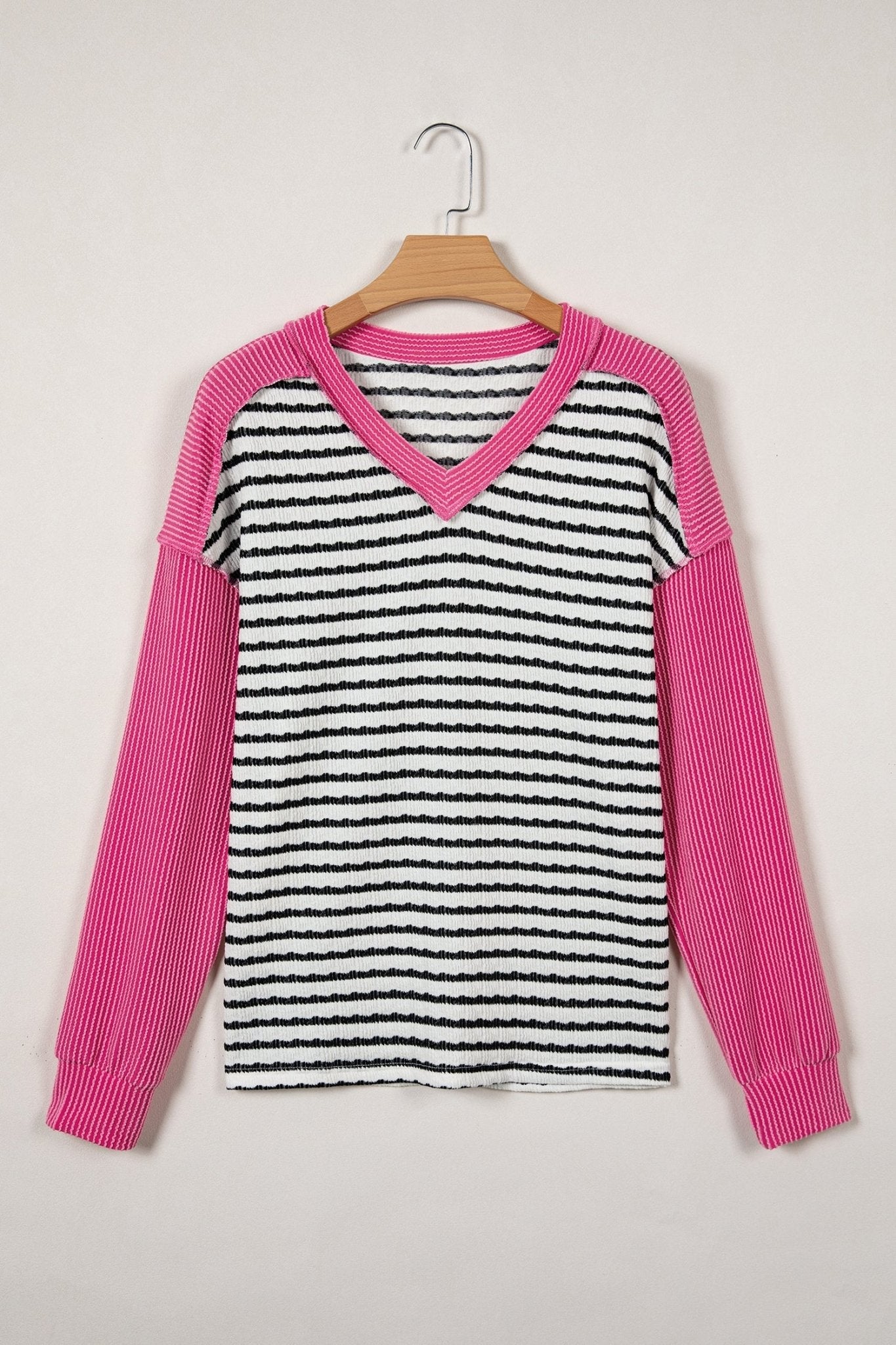 Stripe V-Neck Corded Knit Long Sleeve Top - Rooted & Reckless Co.