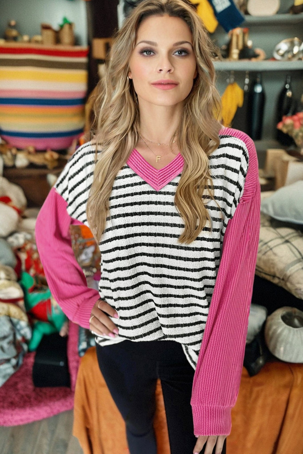 Stripe V-Neck Corded Knit Long Sleeve Top - Rooted & Reckless Co.