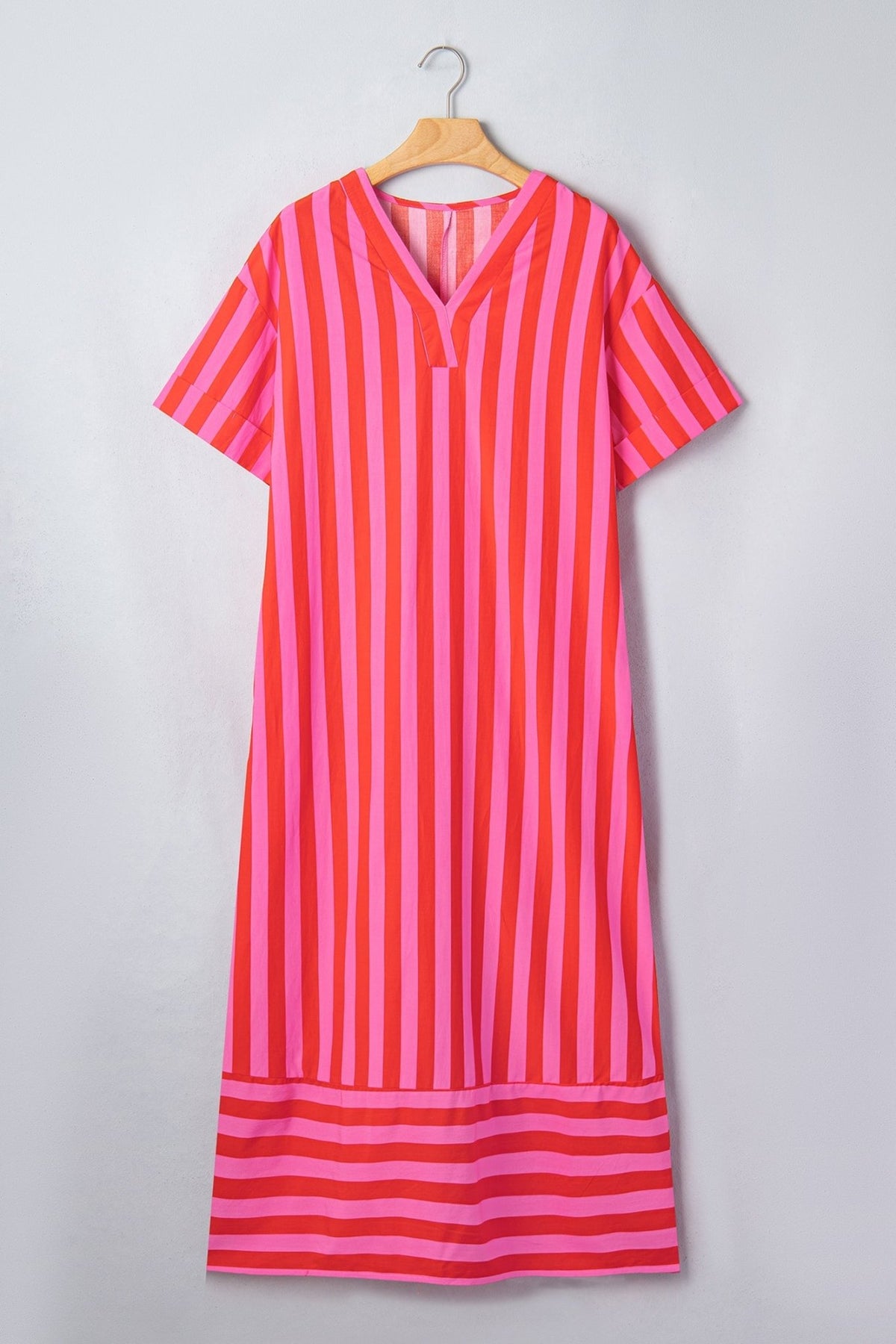 Stripe V-Neck Cuffed Sleeve Split Midi Dress - Rooted & Reckless Co.