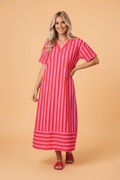 Stripe V-Neck Cuffed Sleeve Split Midi Dress - Rooted & Reckless Co.
