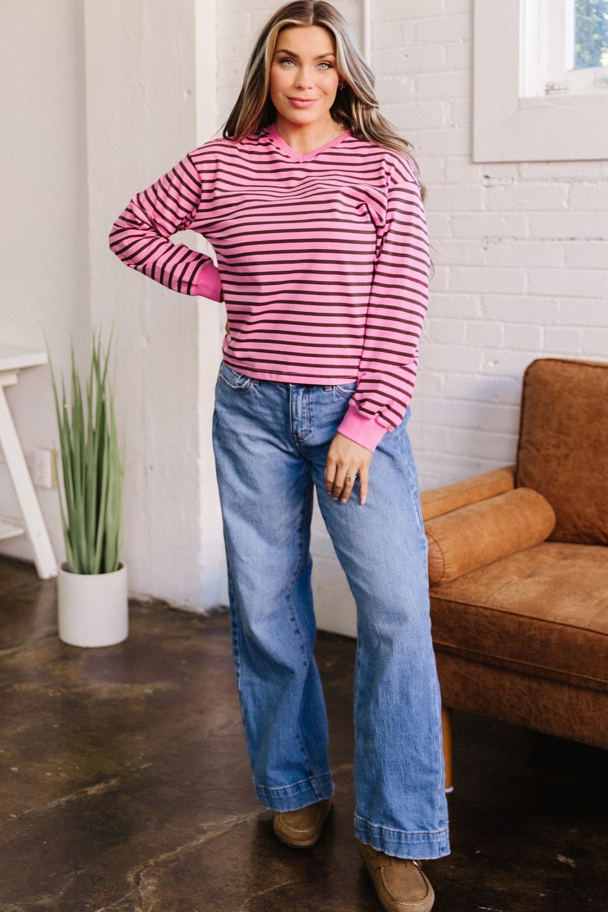 Stripe V-Neck Drop Shoulder Long Sleeve Top - Rooted & Reckless Co.