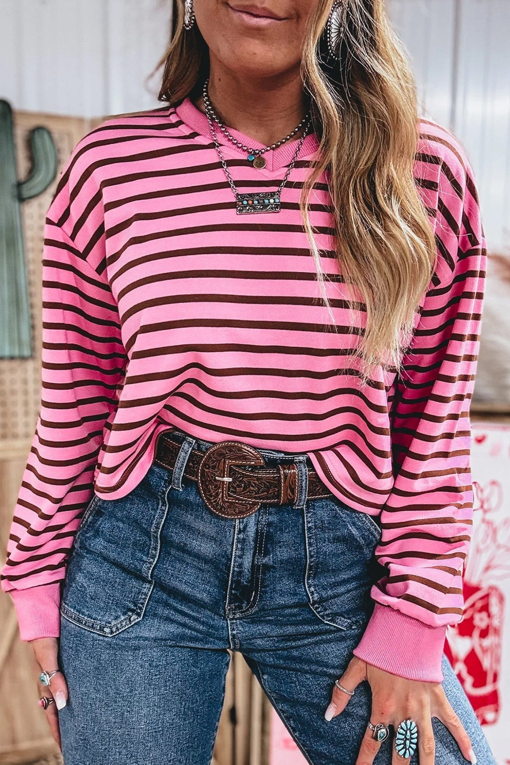 Stripe V-Neck Drop Shoulder Long Sleeve Top - Rooted & Reckless Co.