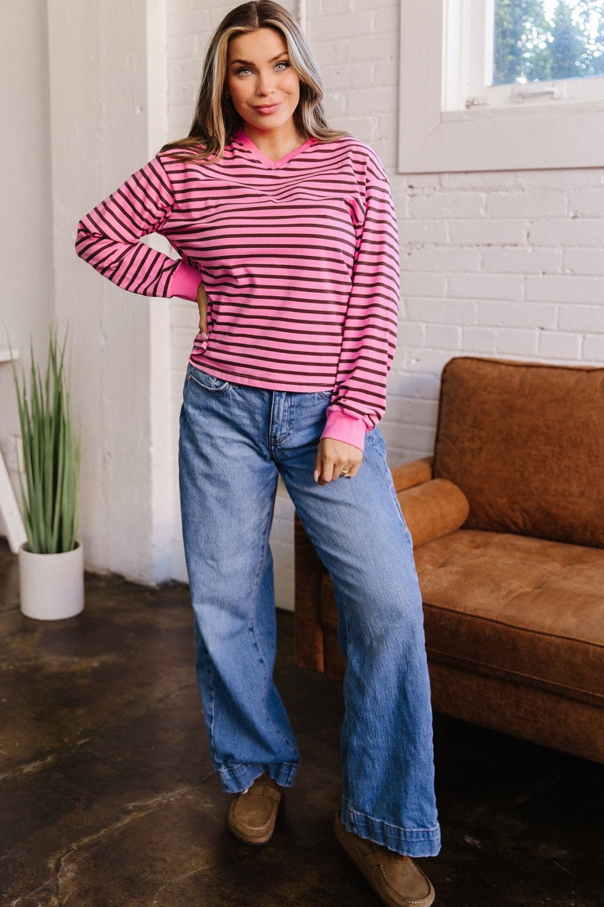 Stripe V-Neck Drop Shoulder Long Sleeve Top - Rooted & Reckless Co.