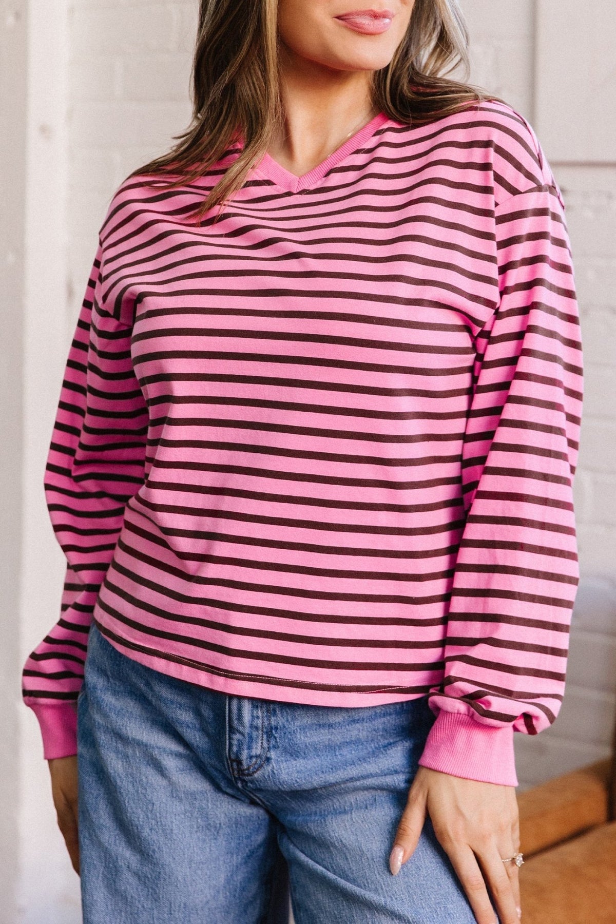 Stripe V-Neck Drop Shoulder Long Sleeve Top - Rooted & Reckless Co.