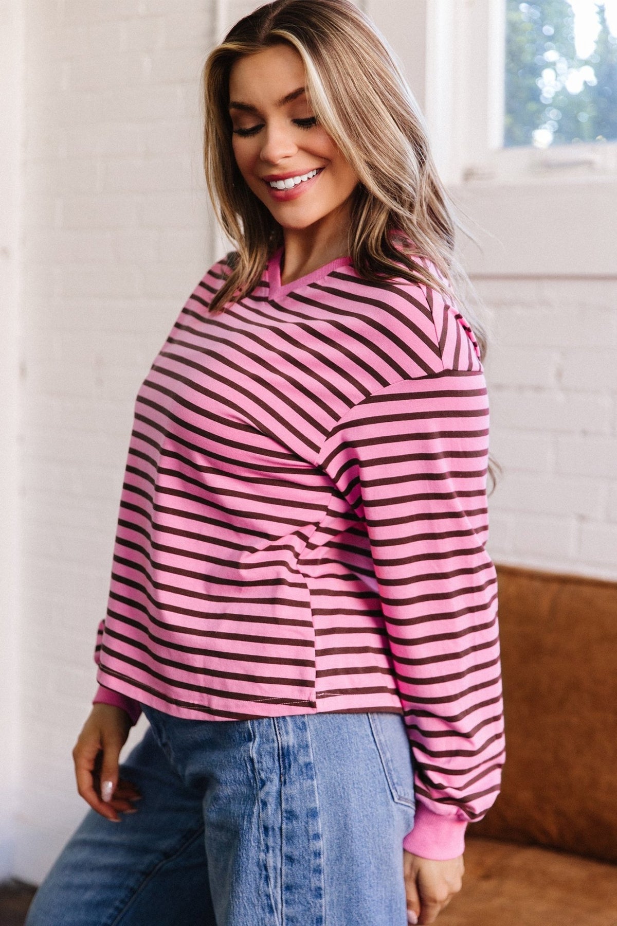 Stripe V-Neck Drop Shoulder Long Sleeve Top - Rooted & Reckless Co.