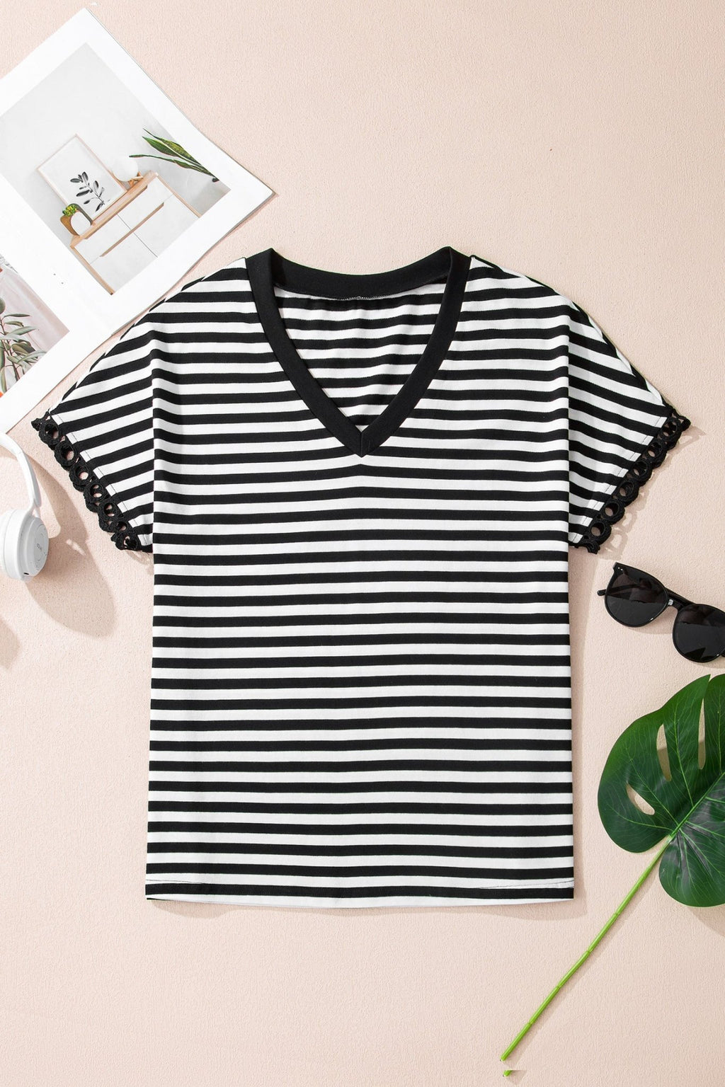 Stripe V-Neck Lace Trim Short Sleeve Tee - Rooted & Reckless Co.