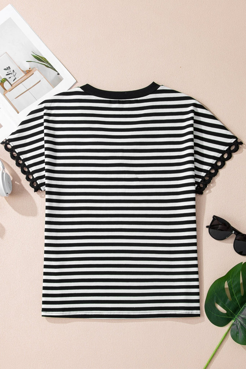 Stripe V-Neck Lace Trim Short Sleeve Tee - Rooted & Reckless Co.