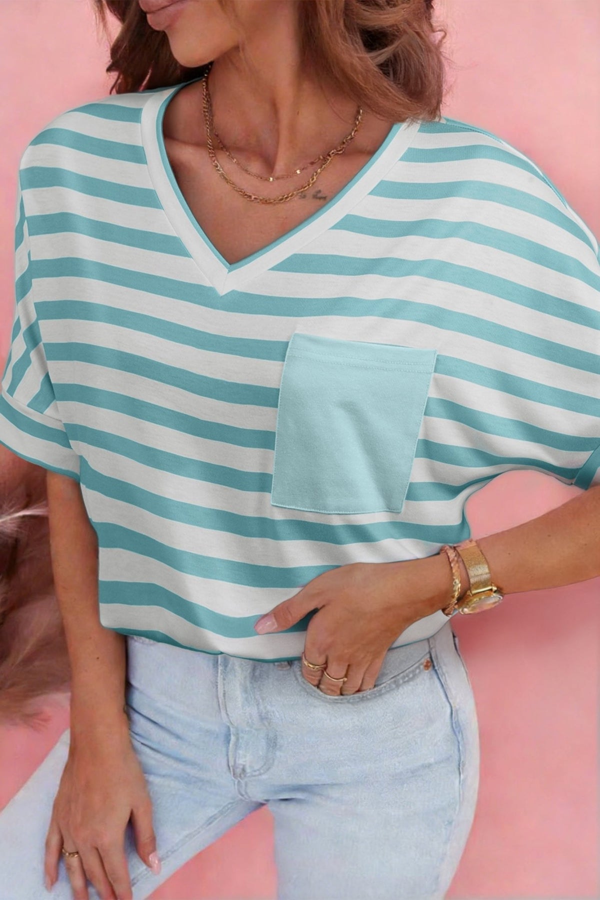 Stripe V-Neck Patch Pocket T-Shirt - Rooted & Reckless Co.