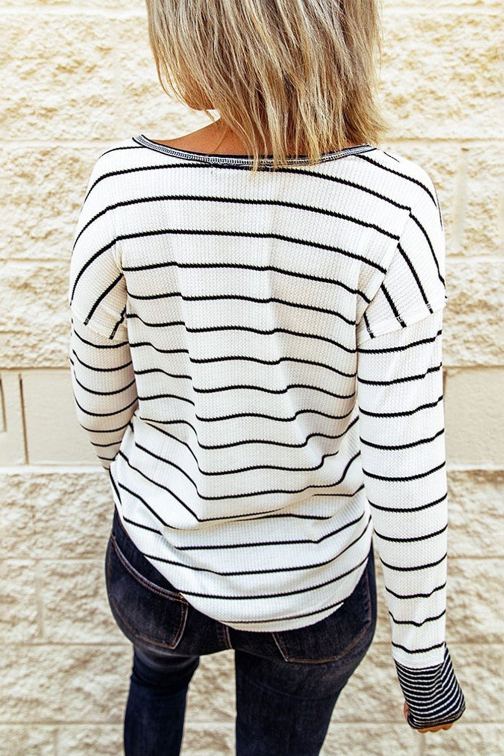 Stripe Waffle Knit Buttoned Henley Top - Rooted & Reckless Co.