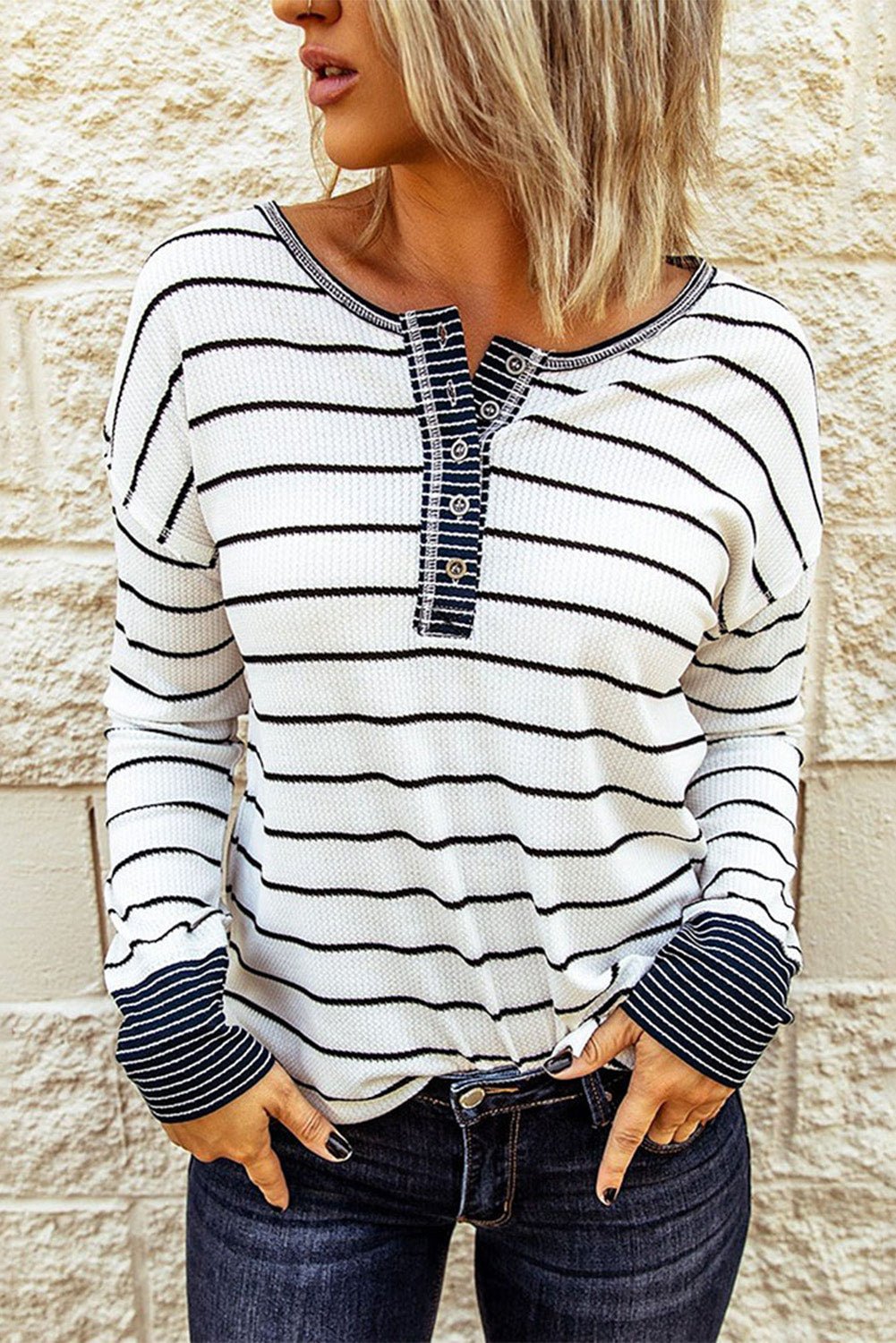 Stripe Waffle Knit Buttoned Henley Top - Rooted & Reckless Co.