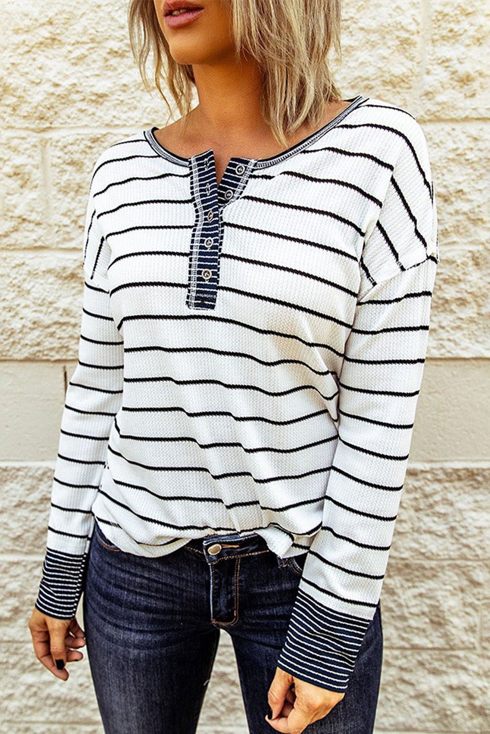 Stripe Waffle Knit Buttoned Henley Top - Rooted & Reckless Co.