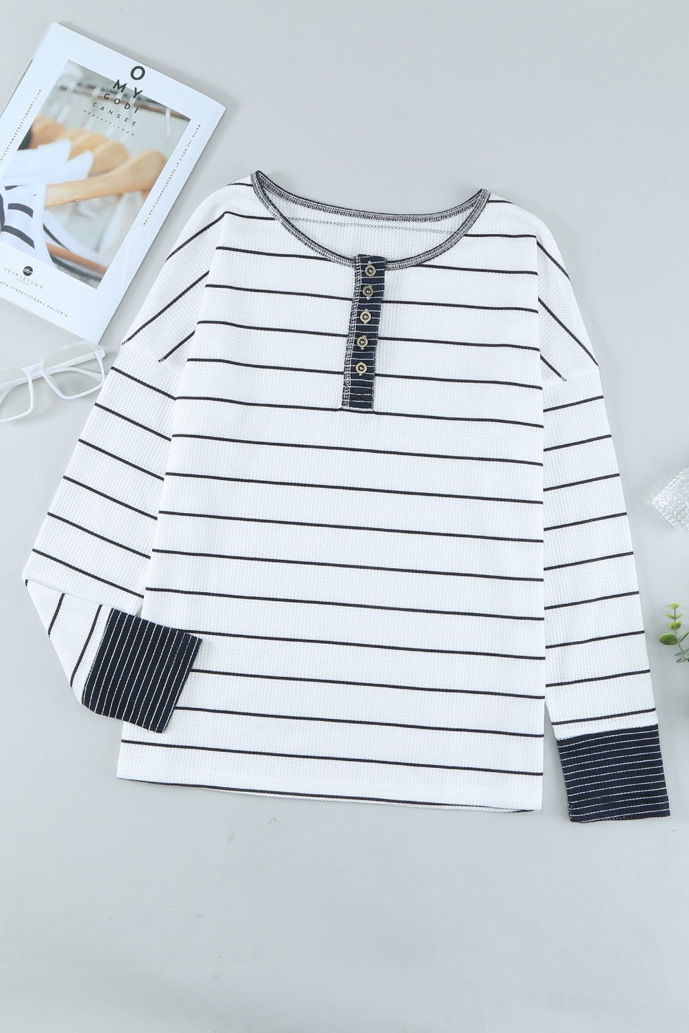Stripe Waffle Knit Buttoned Henley Top - Rooted & Reckless Co.