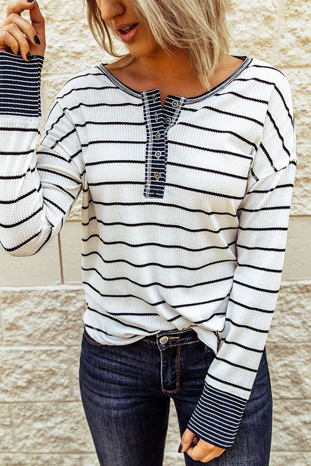 Stripe Waffle Knit Buttoned Henley Top - Rooted & Reckless Co.