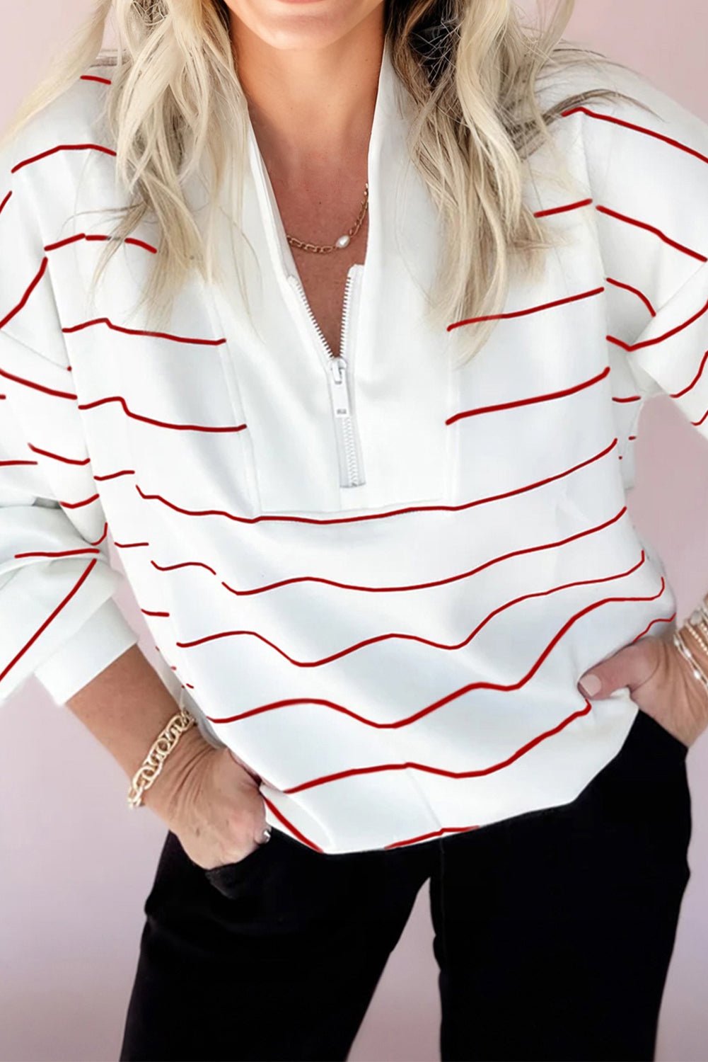 Stripe Zipped V-Neck Long Sleeve Top - Rooted & Reckless Co.