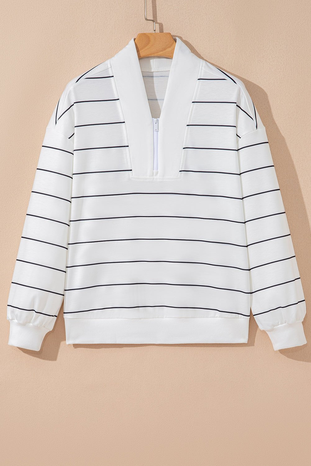 Stripe Zipped V-Neck Long Sleeve Top - Rooted & Reckless Co.