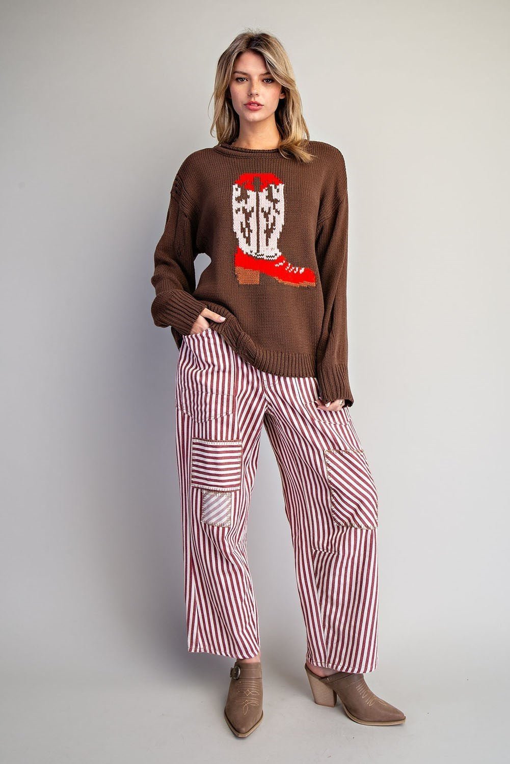 Style U "Boots" Western Intarsia Sweater — Chestnut Brown with Red Boot Graphic & Distressed Edges - Rooted & Reckless Co.