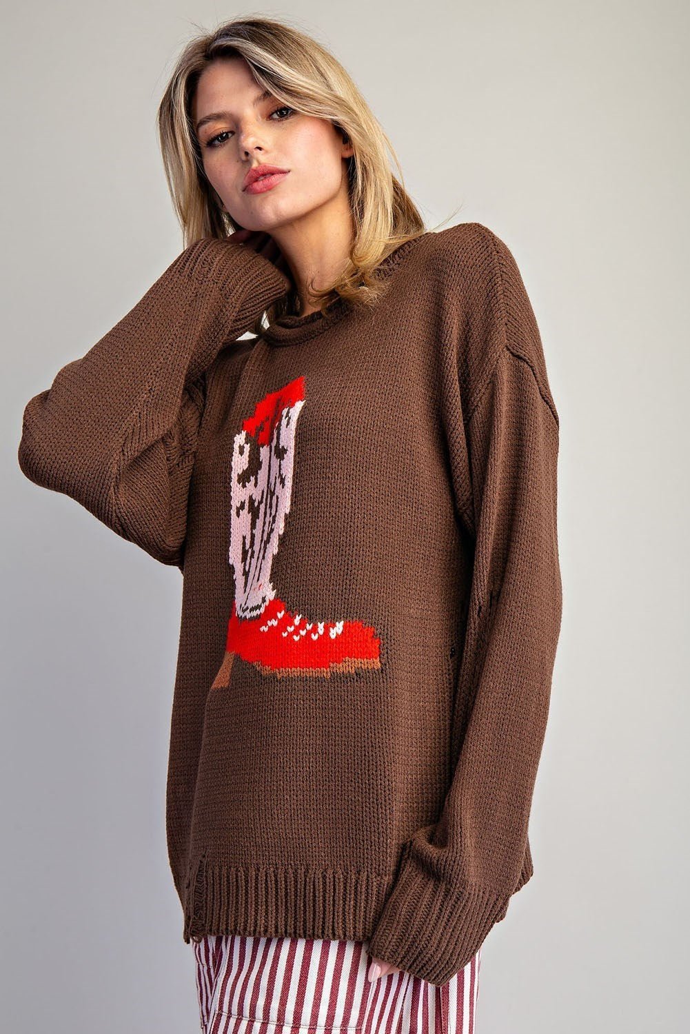Style U "Boots" Western Intarsia Sweater — Chestnut Brown with Red Boot Graphic & Distressed Edges - Rooted & Reckless Co.