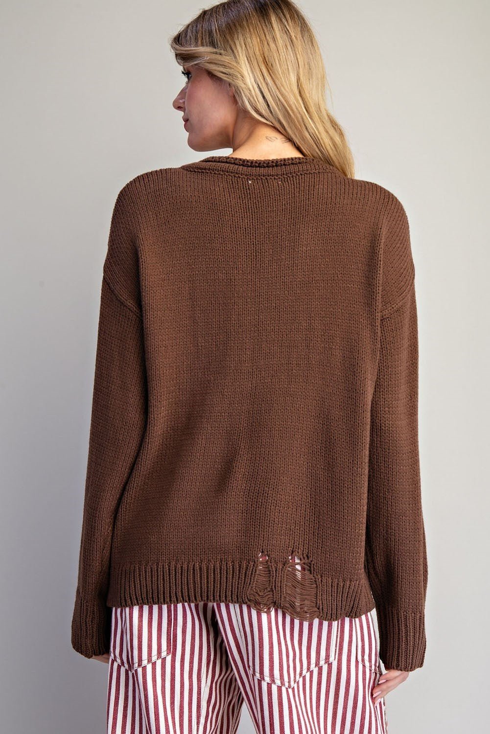 Style U "Boots" Western Intarsia Sweater — Chestnut Brown with Red Boot Graphic & Distressed Edges - Rooted & Reckless Co.