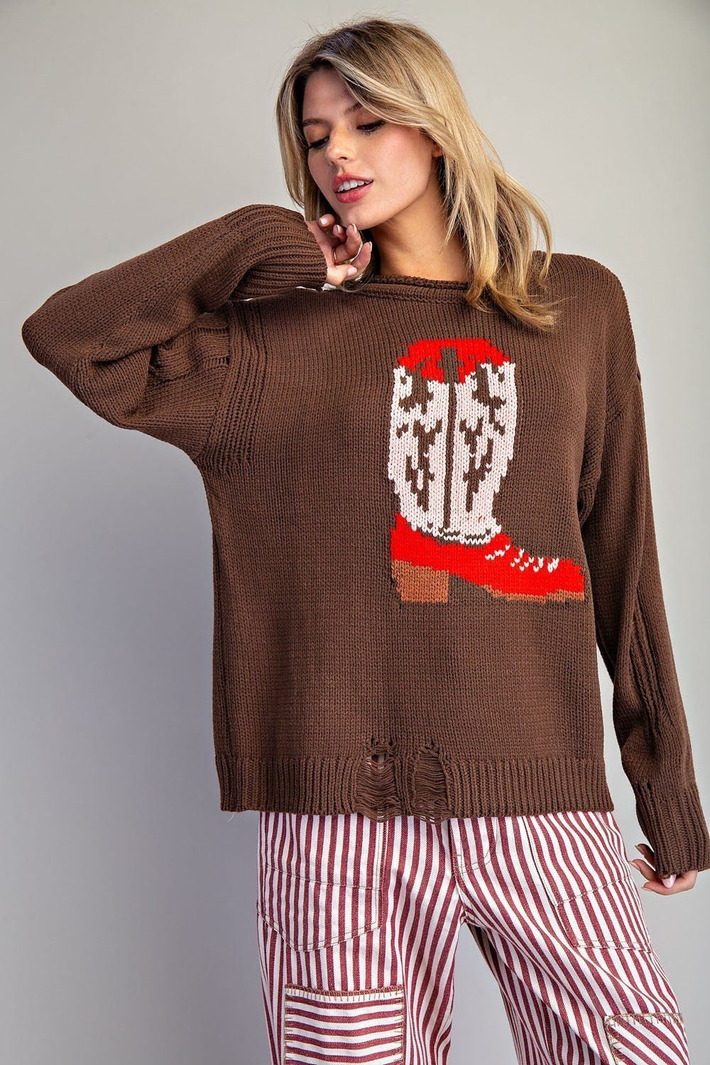 Style U "Boots" Western Intarsia Sweater — Chestnut Brown with Red Boot Graphic & Distressed Edges - Rooted & Reckless Co.