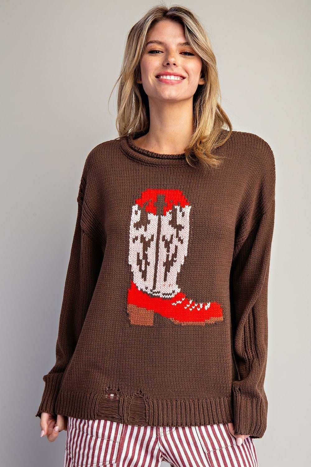 Style U "Boots" Western Intarsia Sweater — Chestnut Brown with Red Boot Graphic & Distressed Edges - Rooted & Reckless Co.
